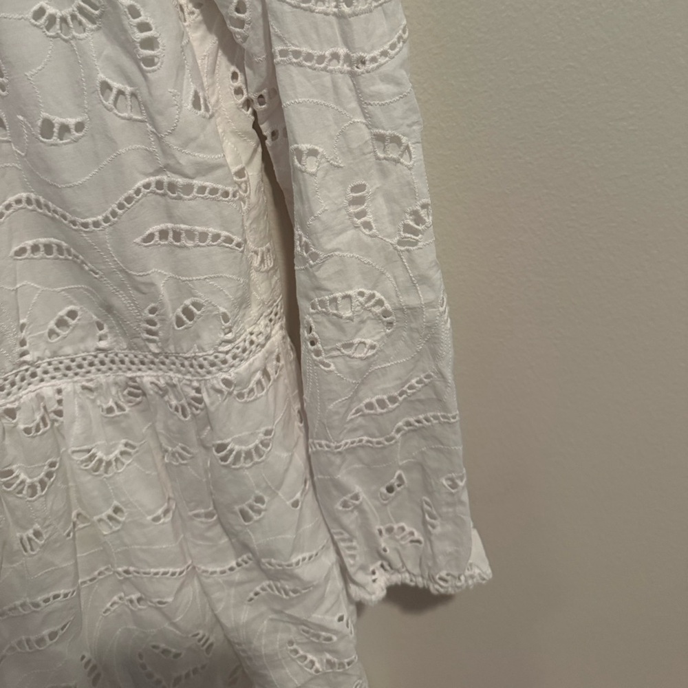 Loft White Eyelet bridal Lace Mini Dress Boho Cottagecore Scallop Hem Large Tall - Picture 12 of 15